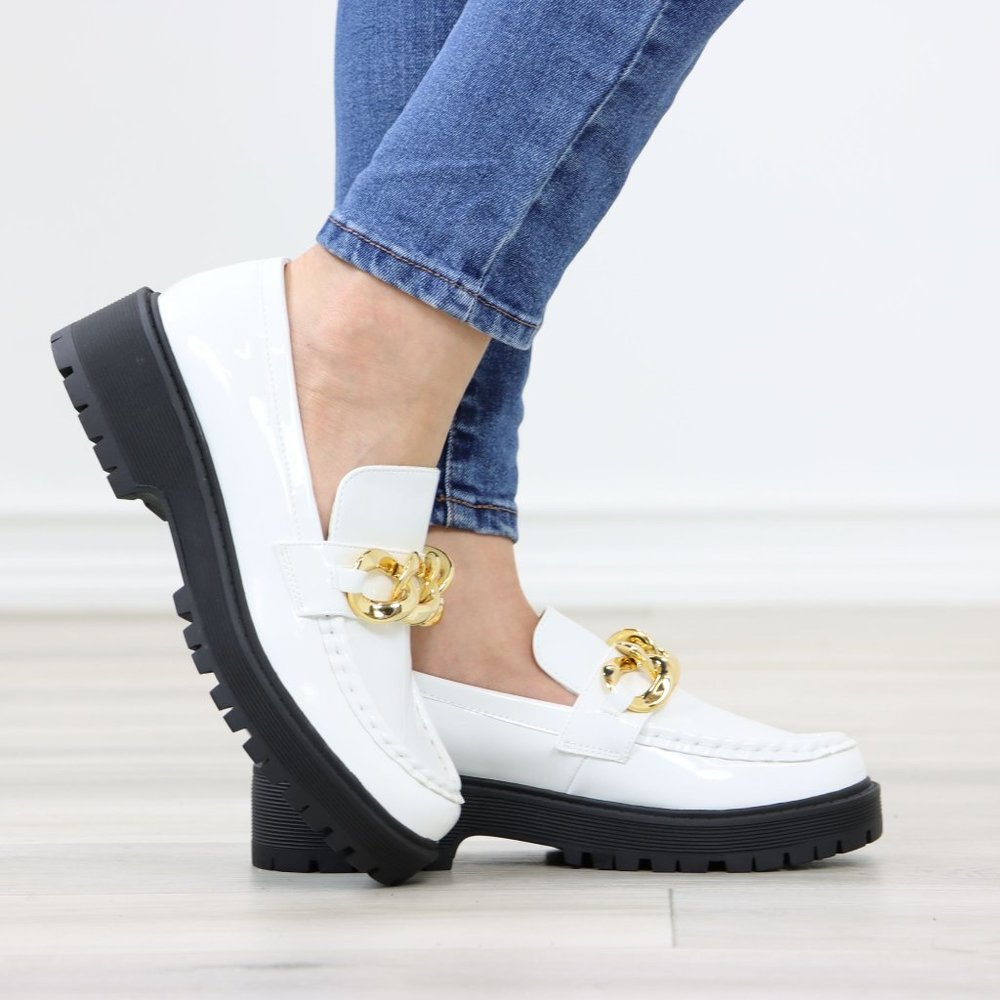 White Patent Chunky Lug Sole Slip On Penny Loafers Platform With Gold Chain - Picture 7 of 16